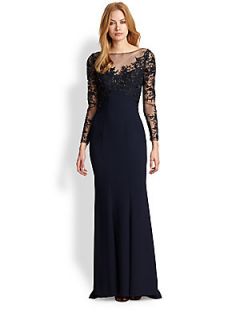 ML Monique Lhuillier Embroidered Sheer Yoke Crepe Gown   Navy