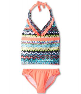 Jessica Simpson Kids Lovelace Halter Tankini Set Girls Swimwear Sets (Coral)