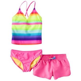 Girls 3 Piece Striped Tankini Swim Top, Bottom and Short Set   Pink M