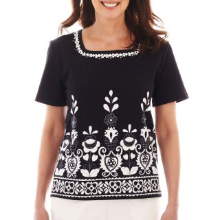 Alfred Dunner Beekman Place Medallion Border Top   Petite, Black