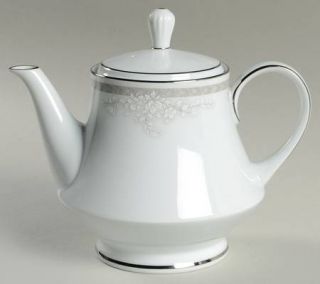 Noritake Windham Teapot & Lid, Fine China Dinnerware   White Flowers, Gray Band