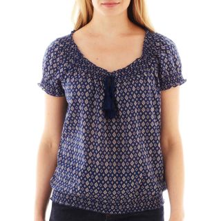 St. Johns Bay Short Sleeve Smocked Peasant Top, Southrn Blu Ikat