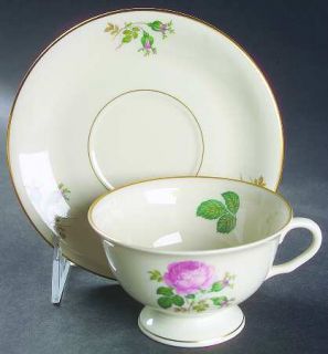 Pickard Maria Footed Cup & Saucer Set, Fine China Dinnerware   Roses Rim&Center,