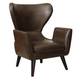 Brown Leatherette Nailhead Trim Transitional Accent Chair