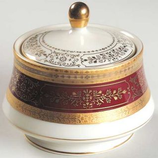 Mikasa Dynasty Red Sugar Bowl & Lid, Fine China Dinnerware   Grande Ivory,Gold E