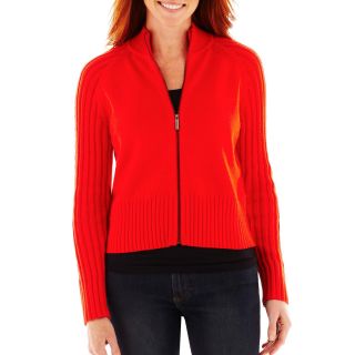 LIZ CLAIBORNE Cable Sleeve Zip Front Cardigan Sweater, Red, Womens
