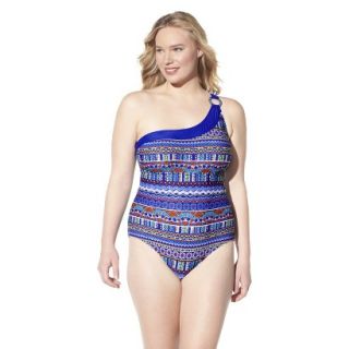Womens Plus Size One Shoulder One Piece Swimsuit   Cobalt Blue/Multi Color 20W