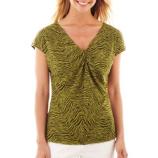 LIZ CLAIBORNE Short Sleeve Knot Front Mesh Top Tall, Tuscan Olive Multi