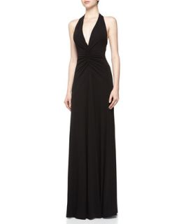 Halter Ruched Stretch Knit Gown, Black