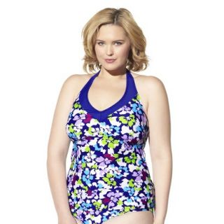 Womens Plus Size Halter Tankini Swim Top   Cobalt Blue/Multicolor 18W