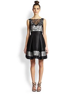 Theia Lace Overlay Taffeta Party Dress   Black White