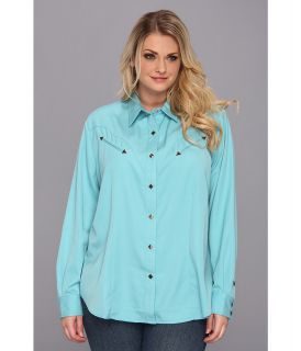 Roper Plus Size 65P/35R Solid Twill w/ Smile Pkts Womens Long Sleeve Button Up (Blue)