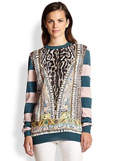 Just Cavalli Mixed Print Striped Wool Sweater   Petrol Pink