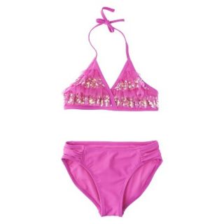 Girls 2 Piece Ruffled Sequin Halter Bikini Swimsuit Set   Pink L