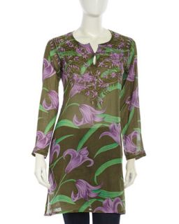Floral Embroidered Tulip Print Tunic, Green