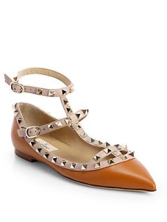 Valentino Leather Rockstud Cage Flats   Cognac