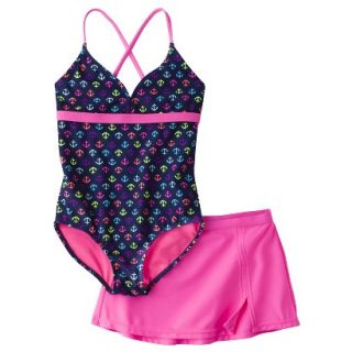 Girls 1 Piece Anchor Swimsuit and Short Set   Night Sky S