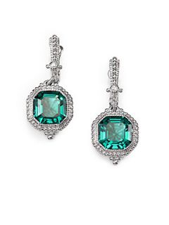 Judith Ripka Green Quartz, White Sapphire & Sterling Silver Earrings   Silver Gr