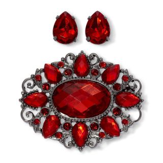 Red Brooch & Stud Earrings Set
