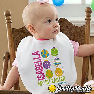 Personalized First Easter Baby Bib   Smiley Face Easter Eggs