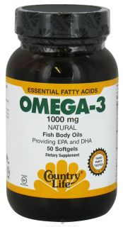Country Life   Omega 3 Natural Fish Body Oils Providing EPA and DHA 1000 mg.   50 Softgels
