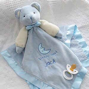 Personalized Teddy Bear Blue Baby Blanket   Embroidered