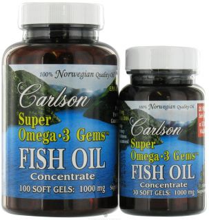 Carlson Labs   Super Omega 3 Gems Fish Oil Concentrate 1000 mg.   Bonus Pack 100 + 30 Softgels