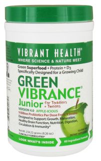 Vibrant Health   Green Vibrance Junior For Toddlers & Tweens Green Foods Apple icious   8.26 oz.