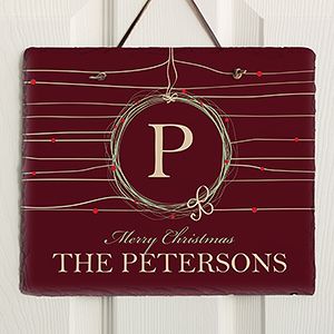 Personalized Holiday Slate Wall Plaque   Christmas Wreath