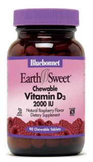 Bluebonnet Nutrition   Earth Sweet Chewable Vitamin D3 Natural Raspberry Flavor 2000 IU   90 Chewable Tablets