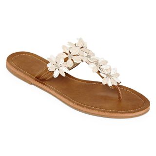 Flower T Strap Sandals, White, Womens