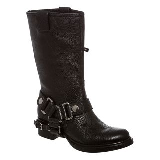 Miu Womens Black Pebbled Leather Motorcycle Boots