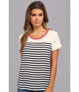 Central Park West Fiji Stripe Woven Top Womens Short Sleeve Pullover (Navy)