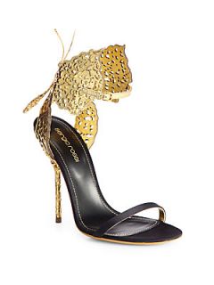Sergio Rossi Filigree Butterfly Laser Cut Leather & Satin Sandals   Black Gold