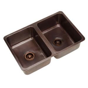 ECOSINKS Dual Mount Pure Solid Copper 31x20x9 0 Hole Double Bowl Kitchen Sink in Smooth Antique Copper COP2 31SA