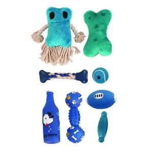 PET LIFE Duffle Pet Dog Plush Rubber and Jute Rope Squeak Toy Set in Blue (8 Piece) GF4BL