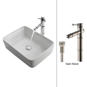 KRAUS Vessel Sink in White with Bamboo Faucet in Satin Nickel DISCONTINUED C KCV 121 1300SN