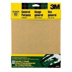 3M 9 in. x 11 in. 100, 150, 220 Grit Medium, Fine, and Very Fine Aluminum Oxide Sand paper (5 Sheets Pack) 9005NA