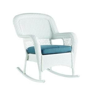 Martha Stewart Living Charlottetown White All Weather Wicker Patio Rocking Chair with Washed Blue Cushion 65 617304