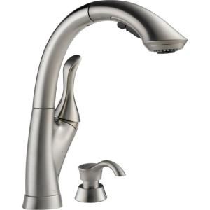 Delta Linden Single Handle Pull Out Sprayer Kitchen Faucet in Stainless with Soap Dispenser 4153 SSSD DST
