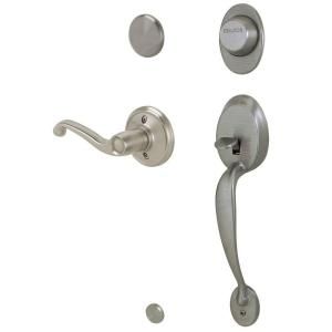 Schlage Plymouth Satin Nickel Right Hand Dummy Handleset with Flair Interior Lever F93 PLY 619 FLA RH