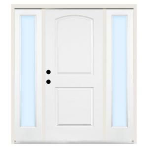 Steves & Sons Premium 2 Panel Arch Primed White Steel Right Hand Entry Door with 16 in. Clear Glass Sidelites and 4 in. Wall ST21 PR S16CL 4RH