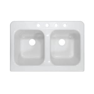 Lyons Industries Apron Top Mount Acrylic 34x23x10 4 Hole 50/50 Double Bowl Kitchen Sink in White DKS01AP 3.5