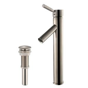 KRAUS Sheven Single Hole 1 Handle Low Arc Bathroom Faucet with Matching Pop Up Drain in Satin Nickel FVS 1002 PU 10SN