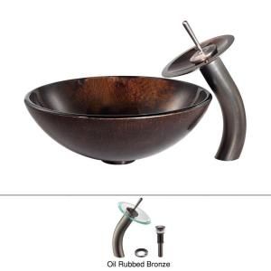 Kraus Pluto Glass Vessel Sink and Waterfall Faucet in Oil Rubbed Bronze C GV 684 12mm 10ORB