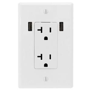 U Socket 20 Amp AC Decor Duplex Wall Outlet with Built In 3.3 Amp USB Charger Ports   White ace 7989
