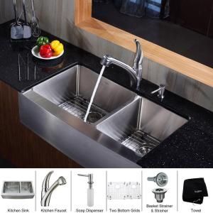 KRAUS All in One Farmhouse Apron 36x20 3/4x10 0 Hole Double Bowl Kitchen Sink with Stainless Steel Kitchen Faucet KHF203 36 KPF2110 SD20