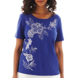Alfred Dunner St. Tropez Short Sleeve Asymmetrical Floral Embroidered Top,