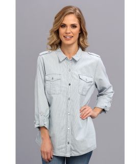 Jones New York Denim Safari Shirt with Roll Sleeves Womens Long Sleeve Button Up (Blue)