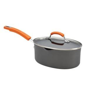 Rachael Ray Hard Anodized II 3 qt. Covered Oval Saucepan with Two Pour Spouts in Orange Handle 87586